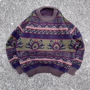 1990s Geometric Fisherman Knit Sweater Size M Purple Cable Jumper